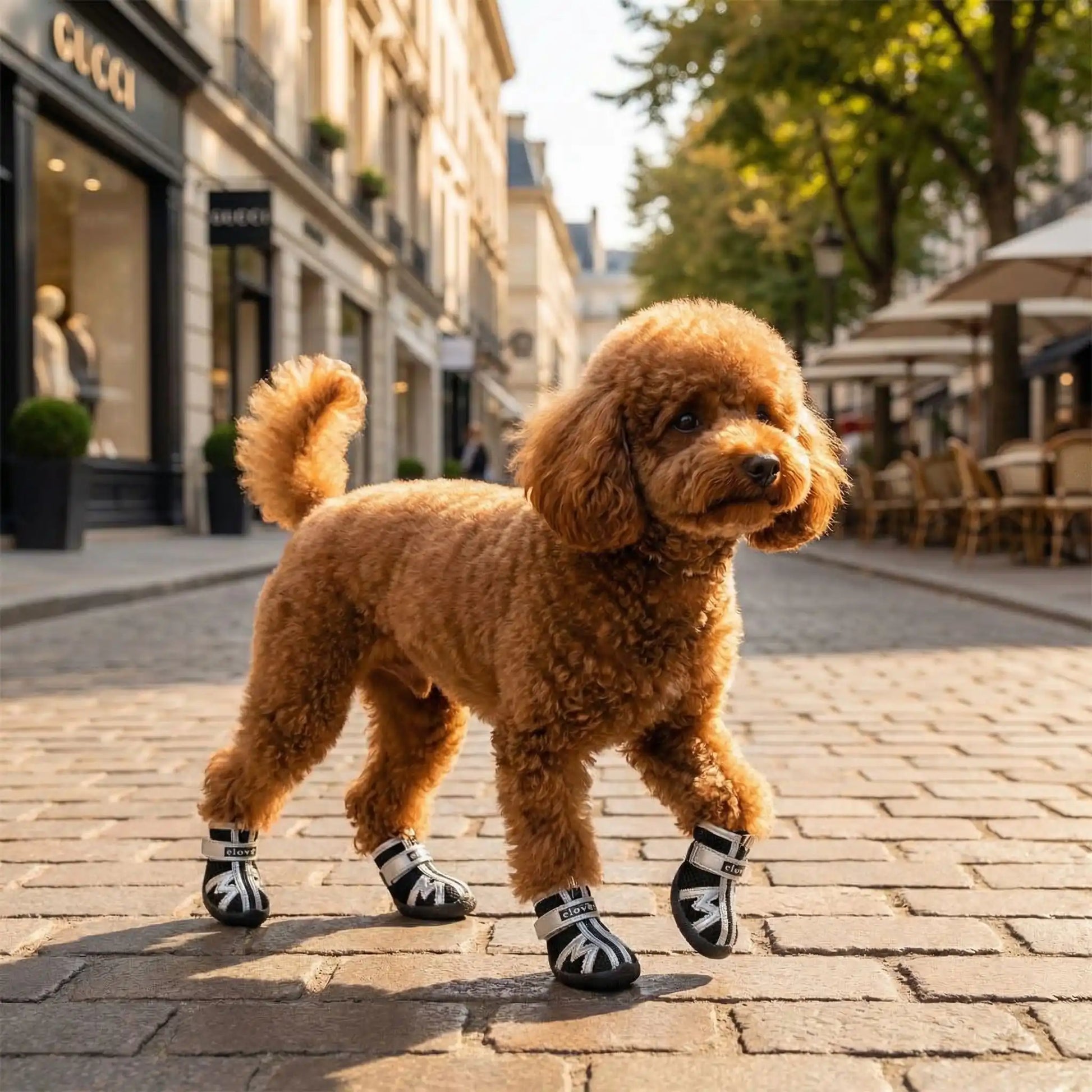 Un caniche brun marche sur un trottoir avec sa chaussure pour chien noire.