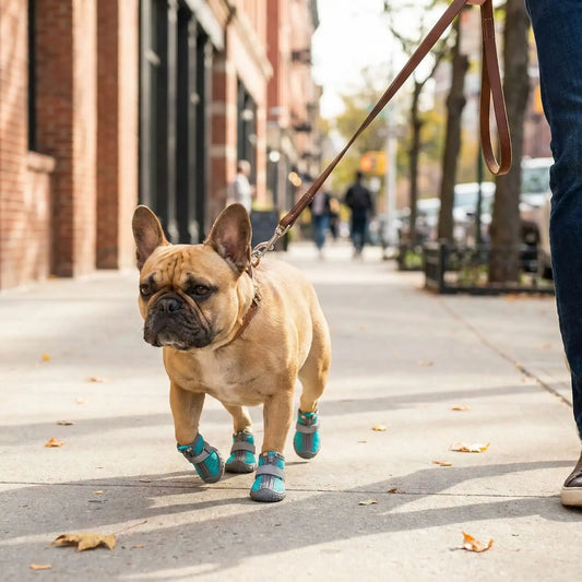 Un bouledogue français en laisse marche sur le trottoir avec ses chaussures pour chien turquoise.