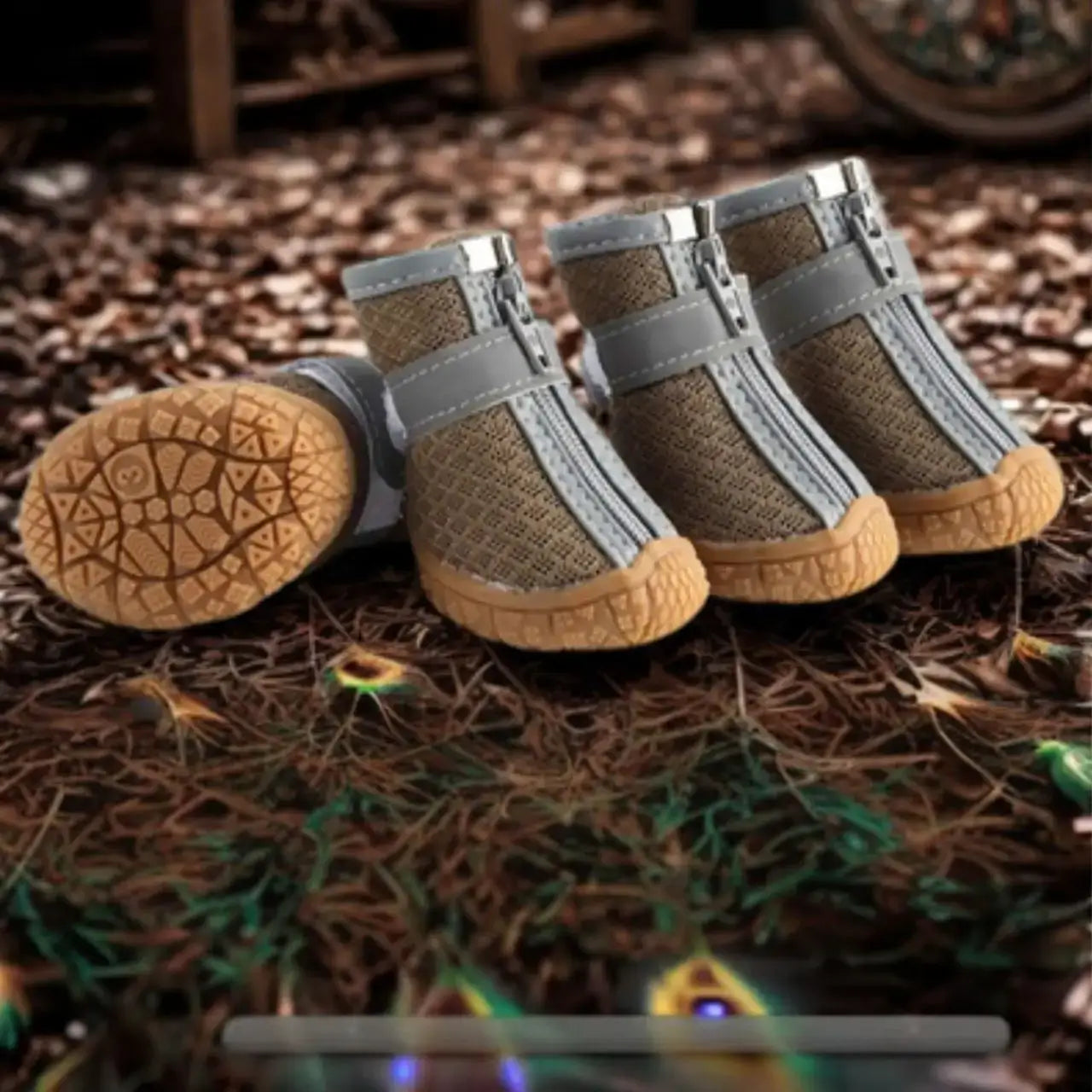 Des chaussures pour chien sur la paille de couleur terre avec un motif.