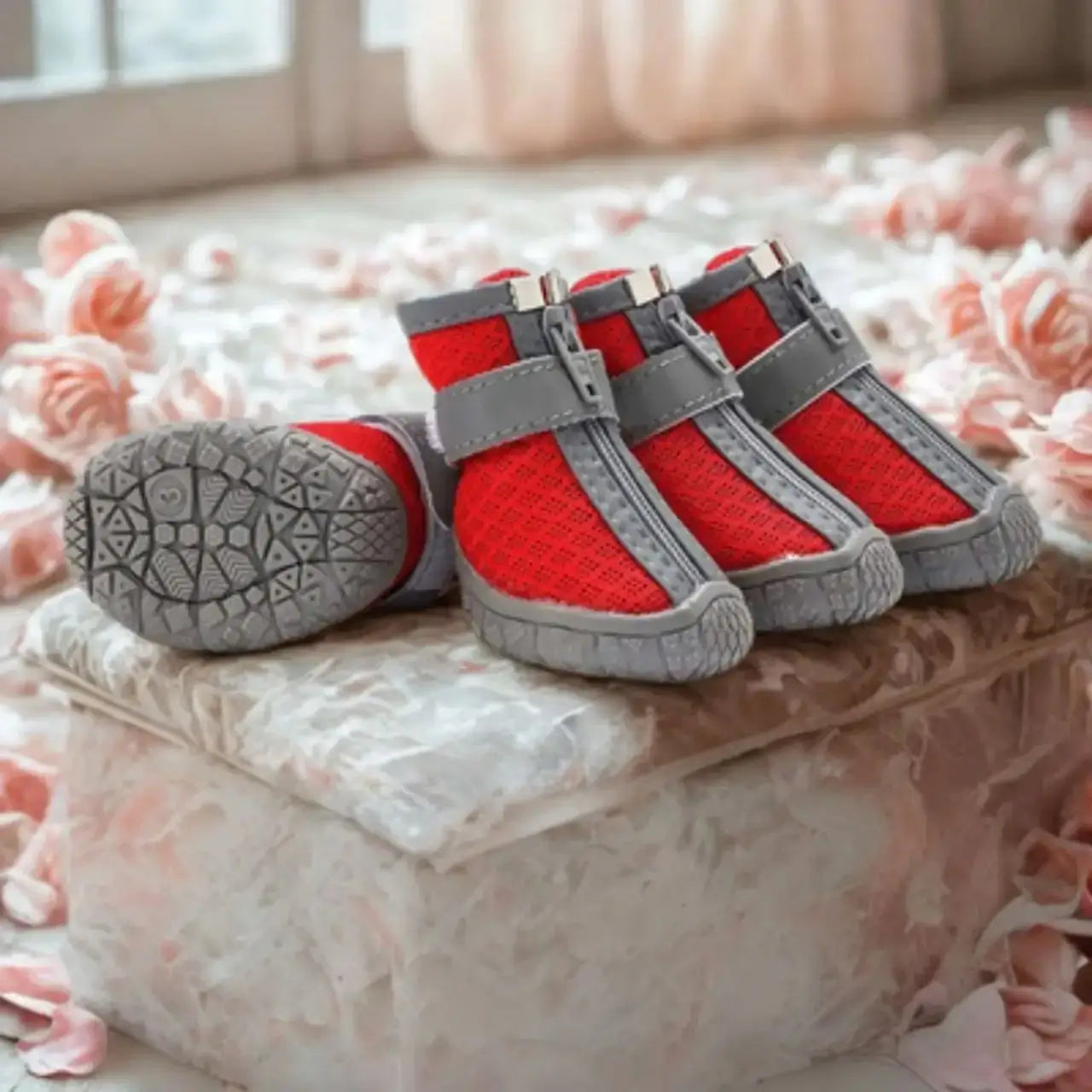 Des chaussures pour chien de couleur rouge et gris sur un coussin.