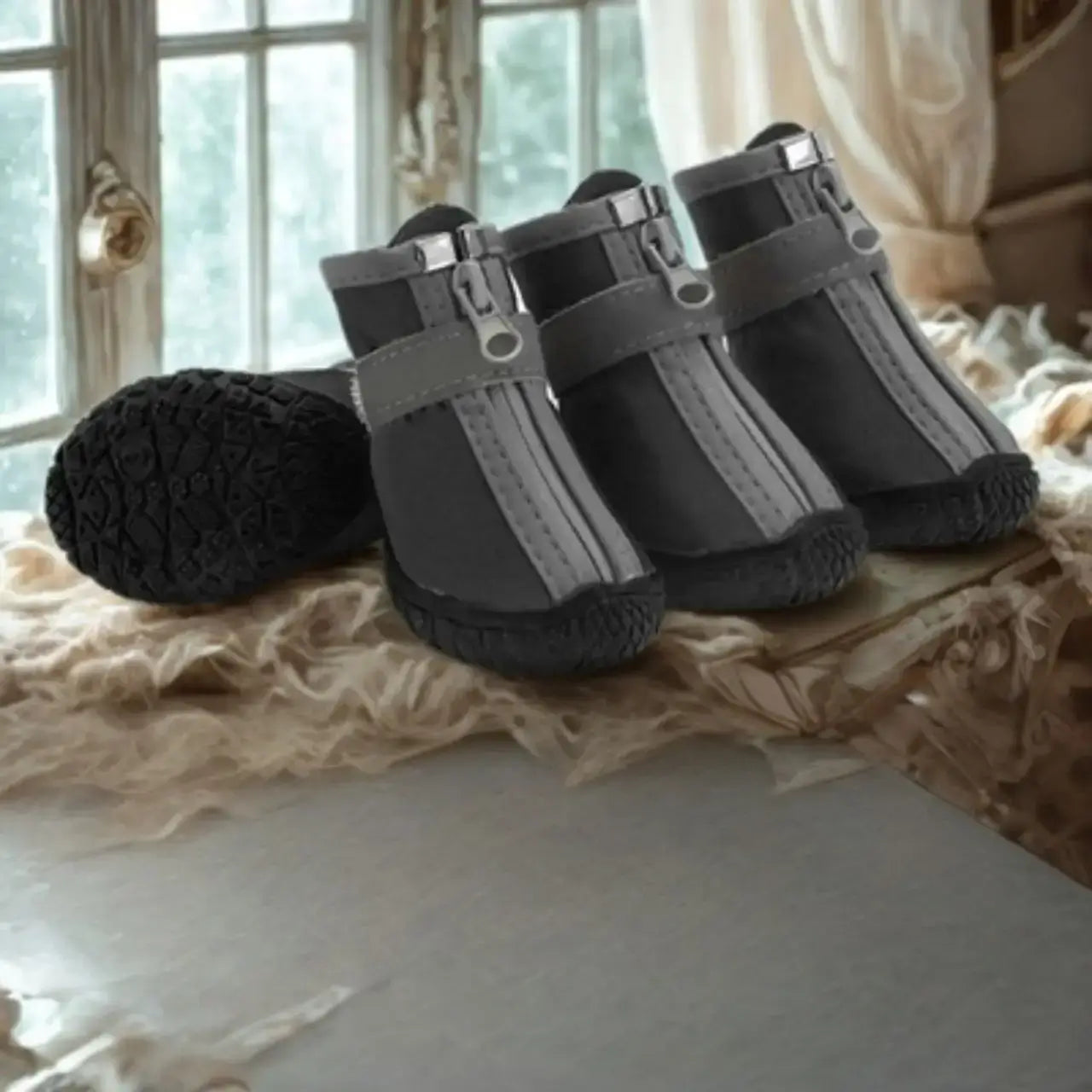 Des chaussures pour chien de couleur gris et noir près d'une fenêtre.