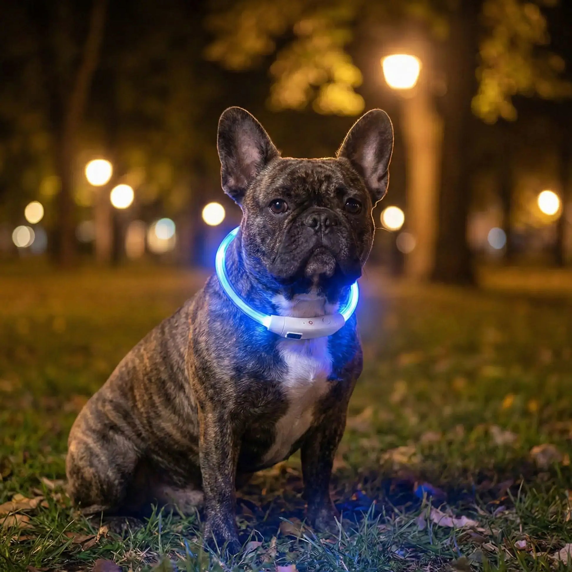 Un bouledogue français avec un collier lumineux pour chien ColliLumi bleu dans un aprc la nuit.