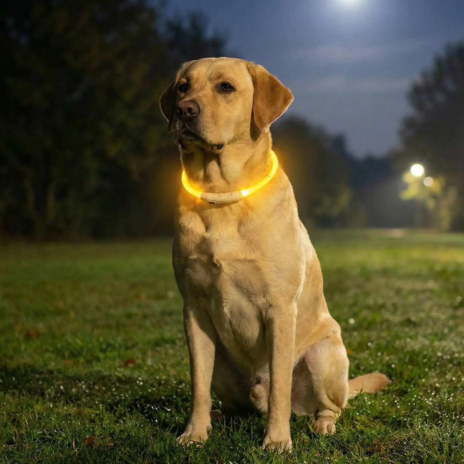 Un chien labrador avec un collier lumineux jaune ColliLumi assis sur une pelouse la nuit
