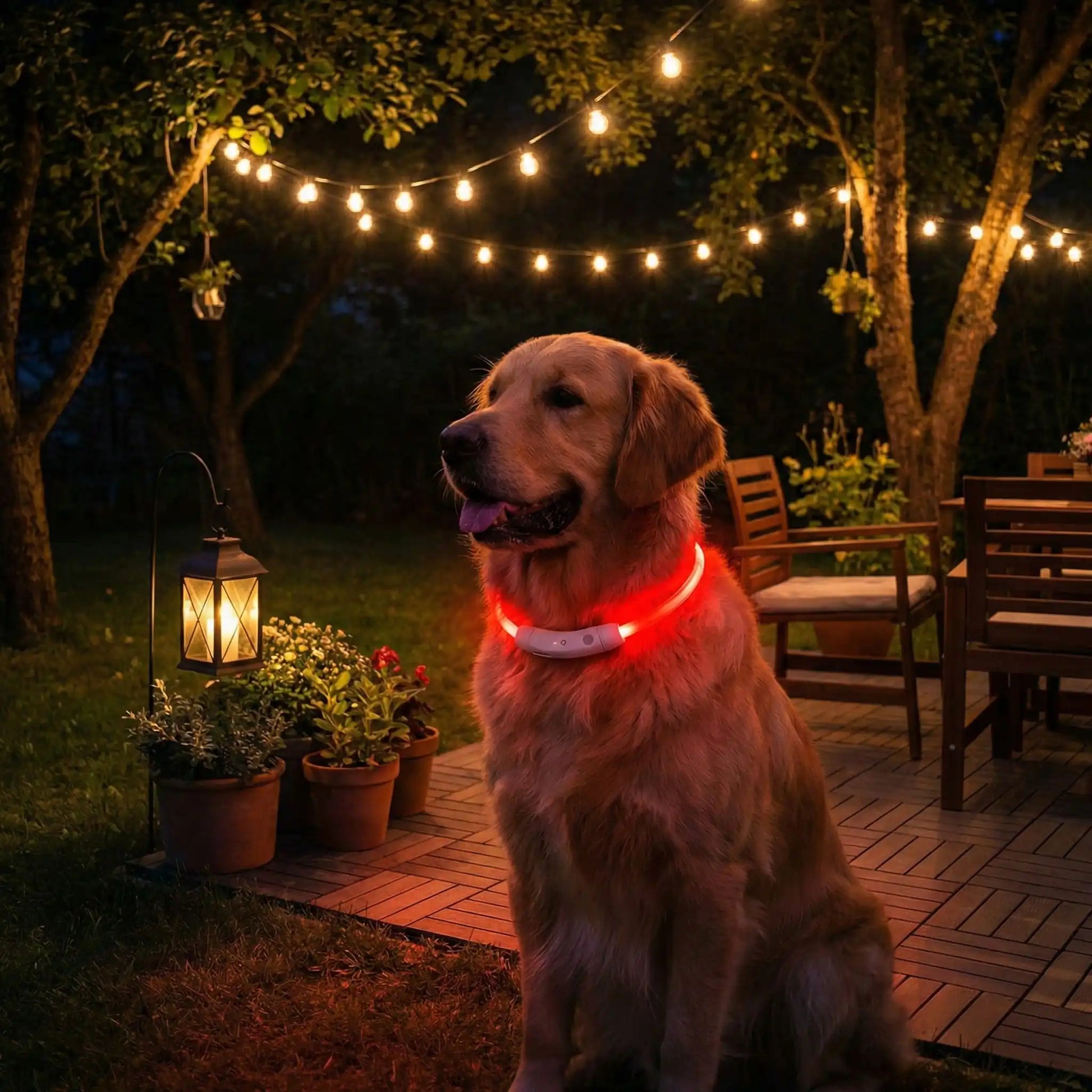 Un chien golden avec collier lumineux rouge ColliLumi dans l'arrière-cour la nuit.