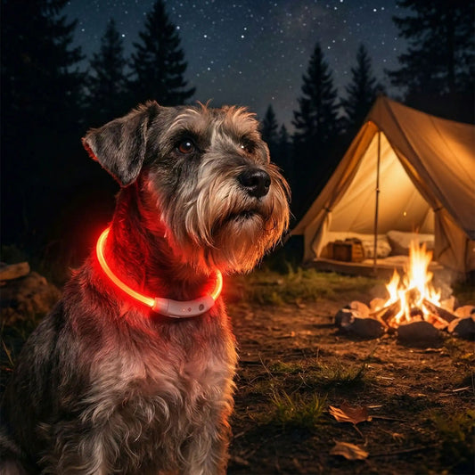 Un chien schnauzer avec collier lumineux rouge ColliLumi dans un camping la nuit.