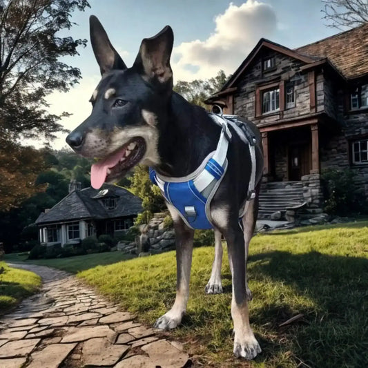 Chien, harnais bleu sur un kelpie australien sur une pelouse 