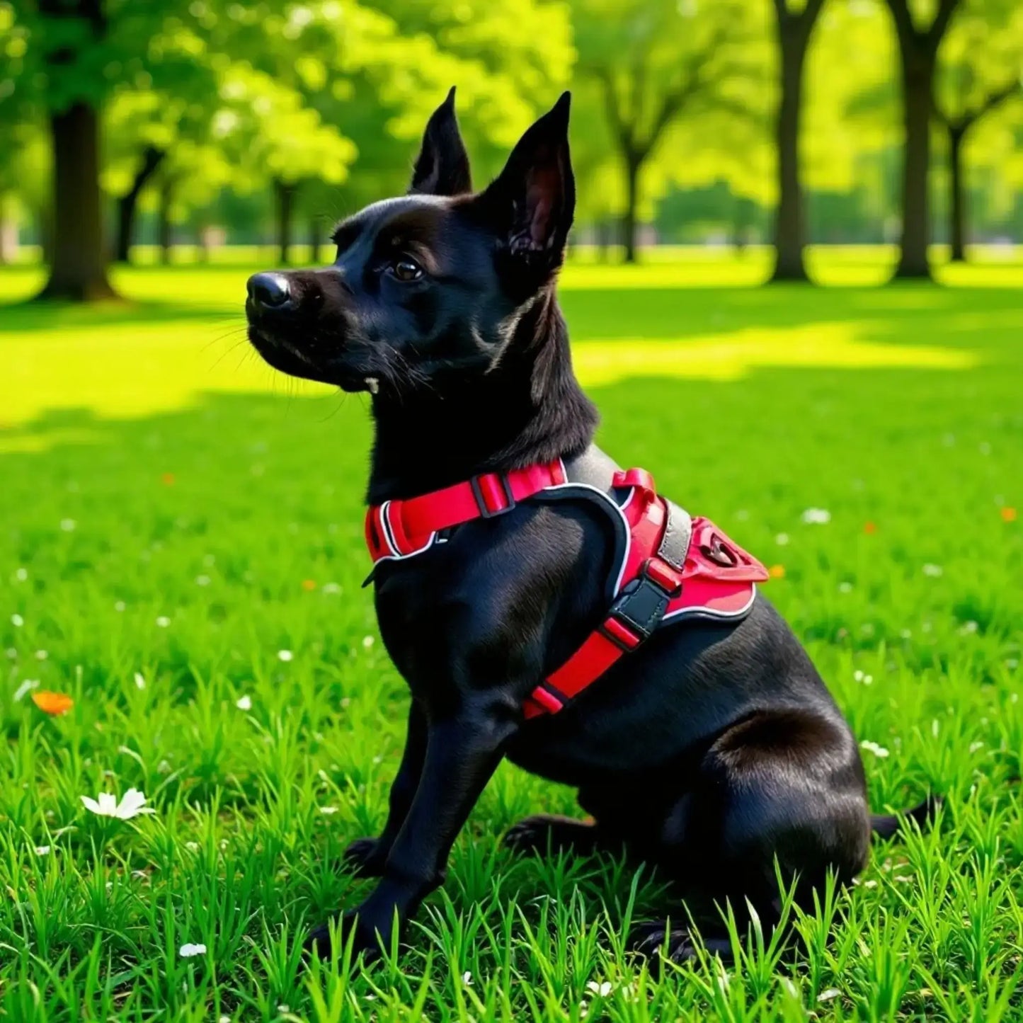 Un chien avec un harnais rouge assis sur la pelouse