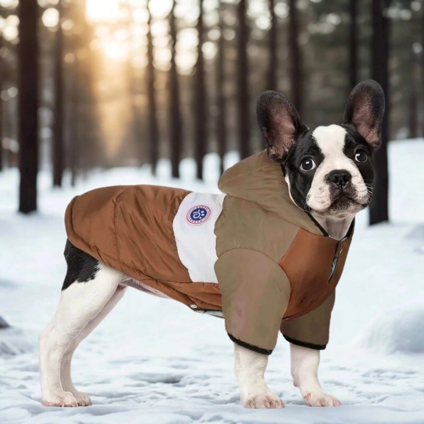 Un chien vêtu d'un manteau marron, bouledogue français, dans une forêt enneigée.