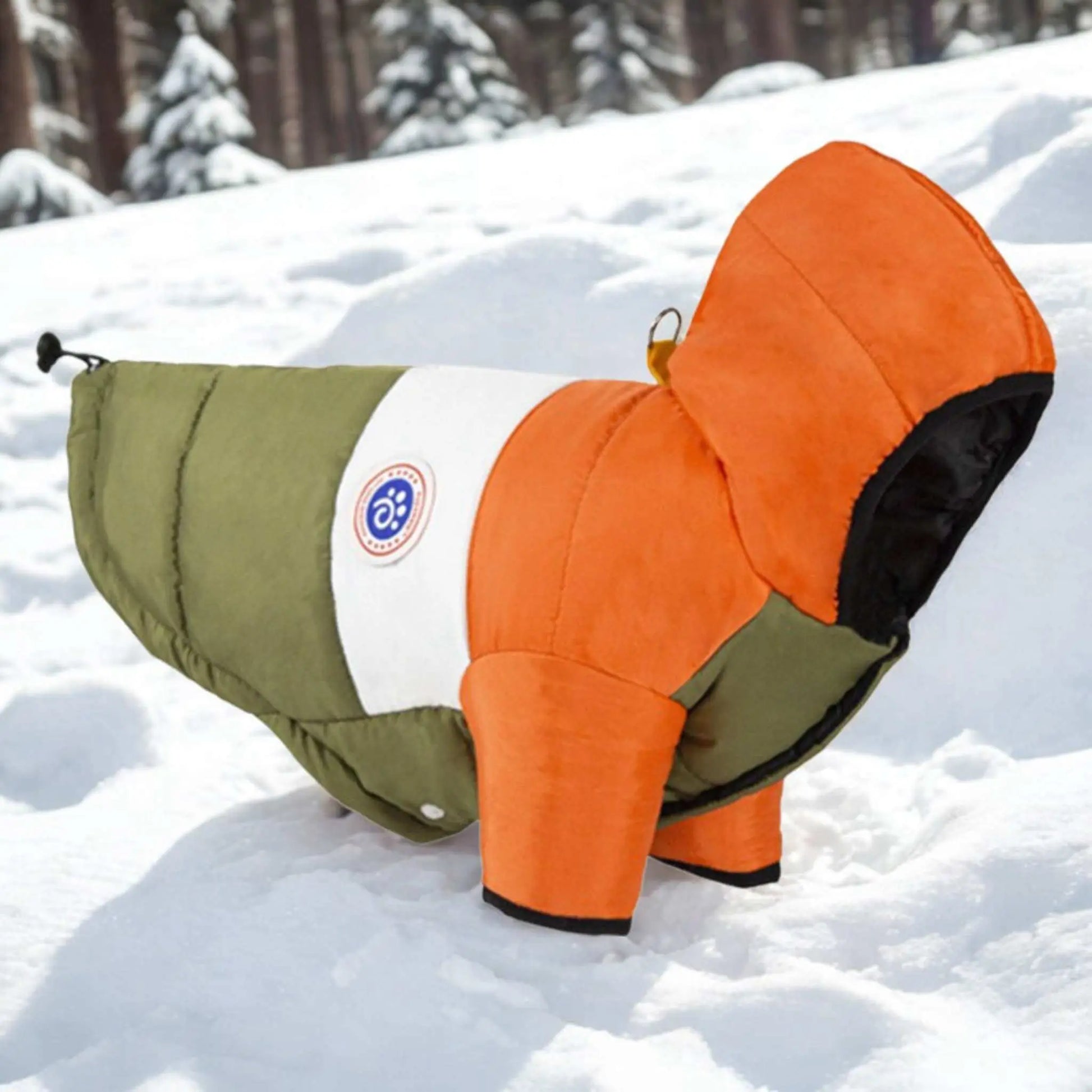 Chien et manteau de couleur orange.