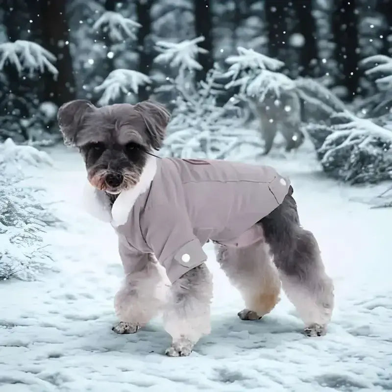 Un schnauzer, chien vêtu d'un manteau gris dans une forêt enneigée.