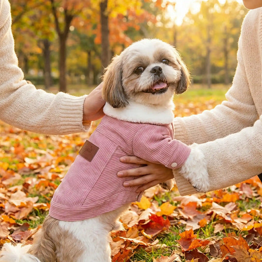 Un shih tzu, un chien vêtu d'un manteau rose, se fait caresser par deux femmes dans un parc en automne.