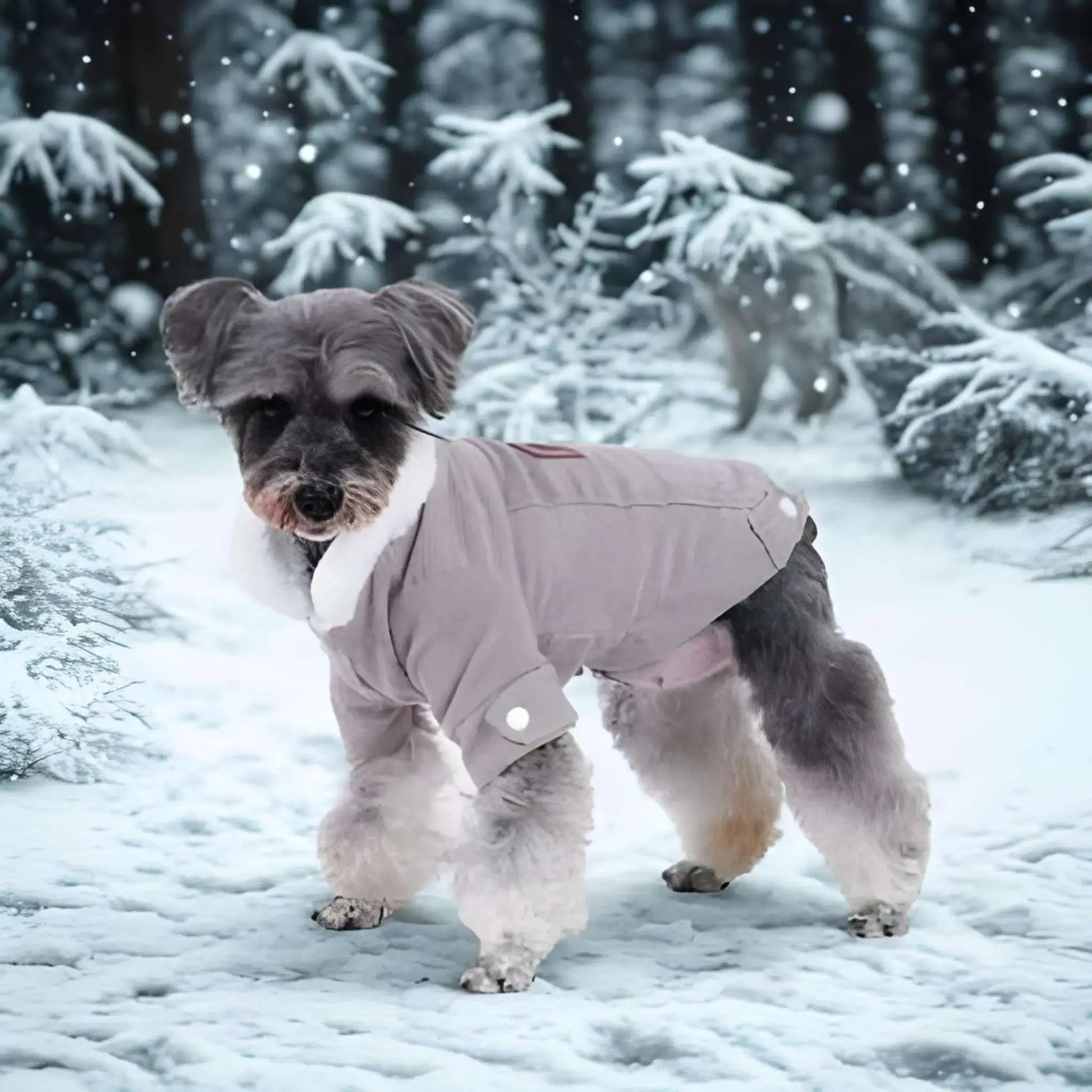 Un schnauzer, chien vêtu d'un manteau gris dans une forêt enneigée.