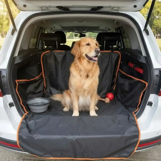 Un golden retriever assis dans le coffre avec la housse pour chien pour protection de voiture.