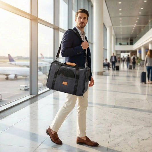 Un homme à l'aéroport porte à l'épaule un chien dans un sac de transport noir.