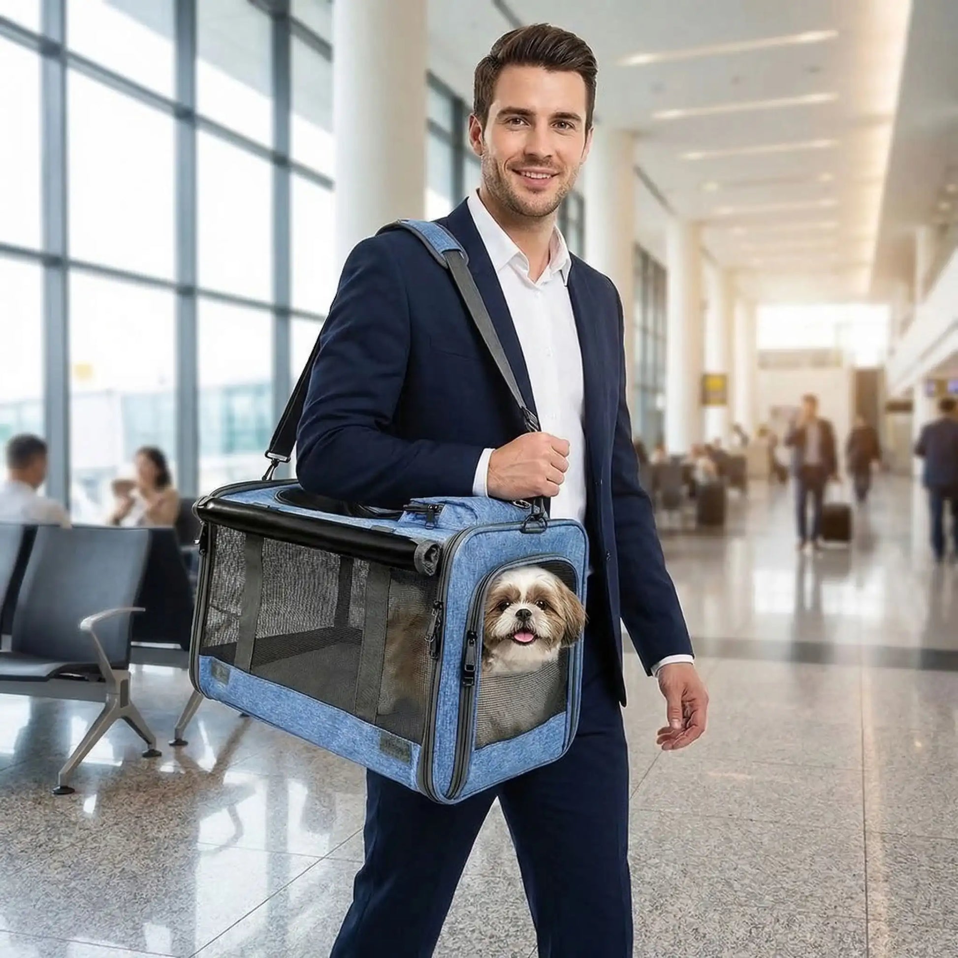 Un homme à l'aéroport porte a l'épaule un chien dans le sac de transport bleu.