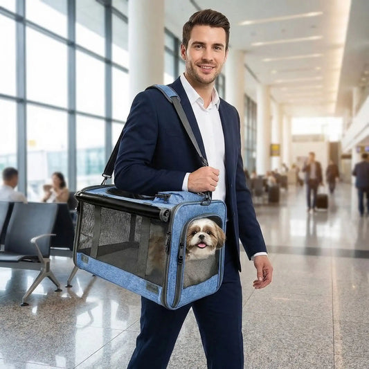 Un homme à l'aéroport porte a l'épaule un chien dans le sac de transport bleu.
