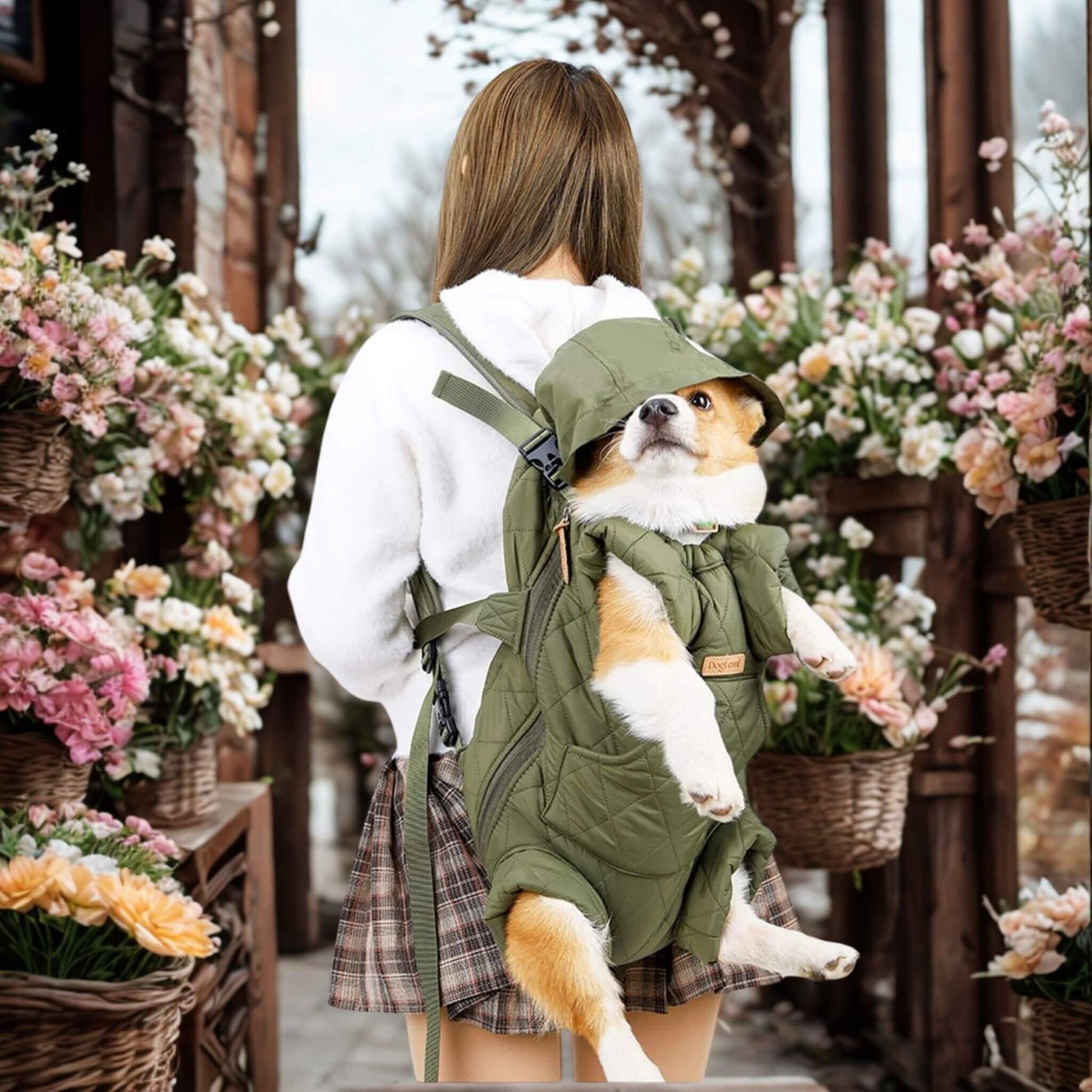 Vue de dos, une jeune fille entourée de fleurs porte un sac à dos vert pour chien accompagné d'un corgi. 