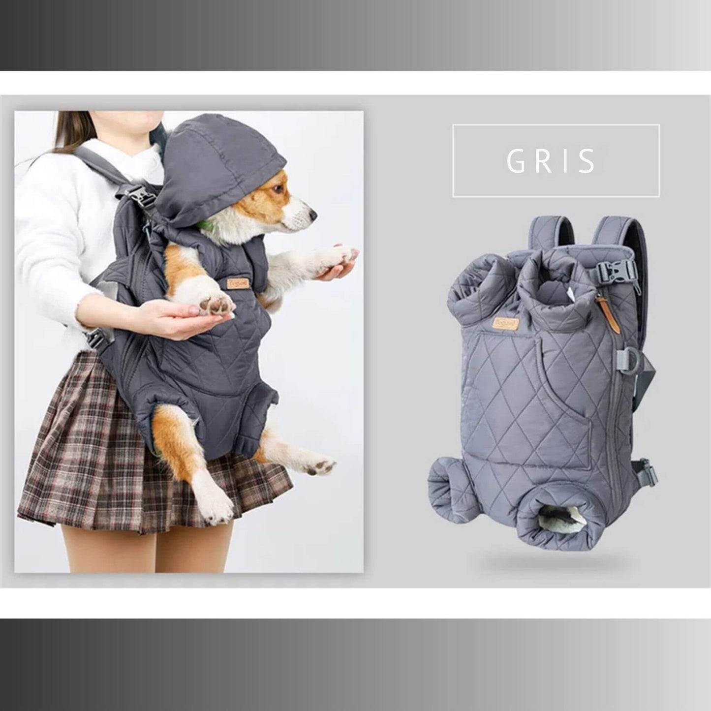 Fille portant un sac à dos pour chien gris avec un corgi en vue de devant.