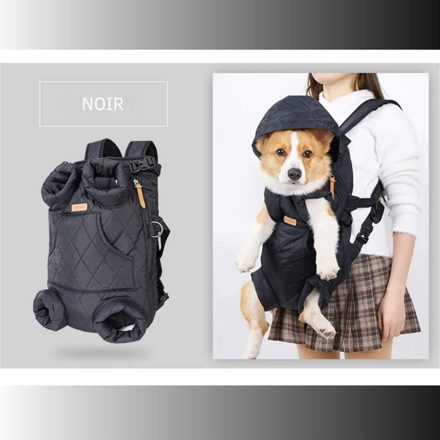 Vue de face, une fille porte un sac à dos pour chien noir avec un corgi.