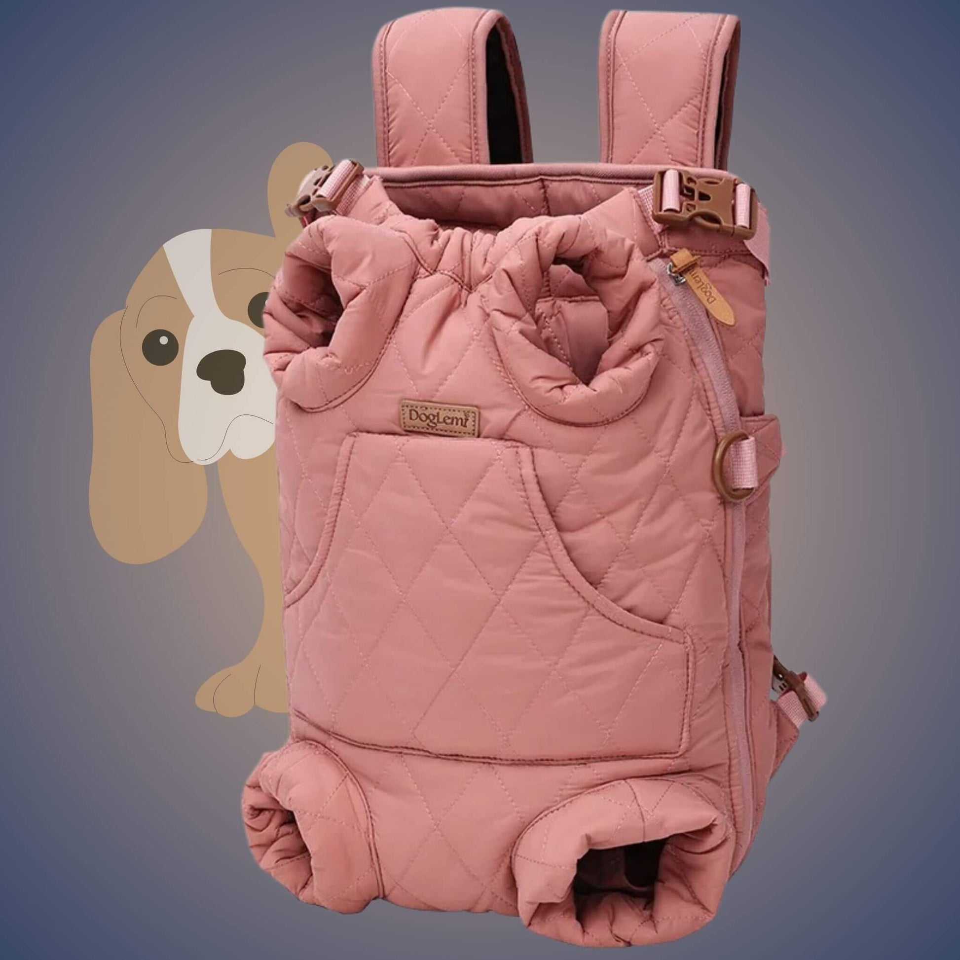 Un sac à dos pour chien de couleur rose avec un dessin d'un chien caché en arrière 