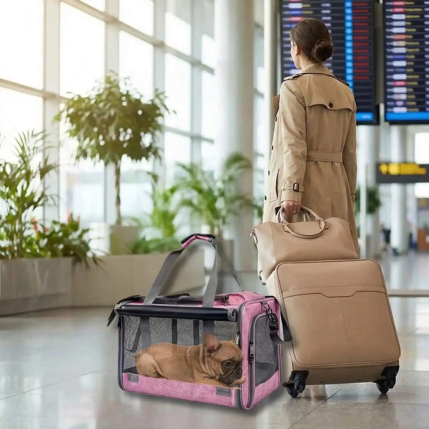 Une femme vue de dos à l'aéroport avec ses bagages avec un chien dans le sac de transport à côté. 