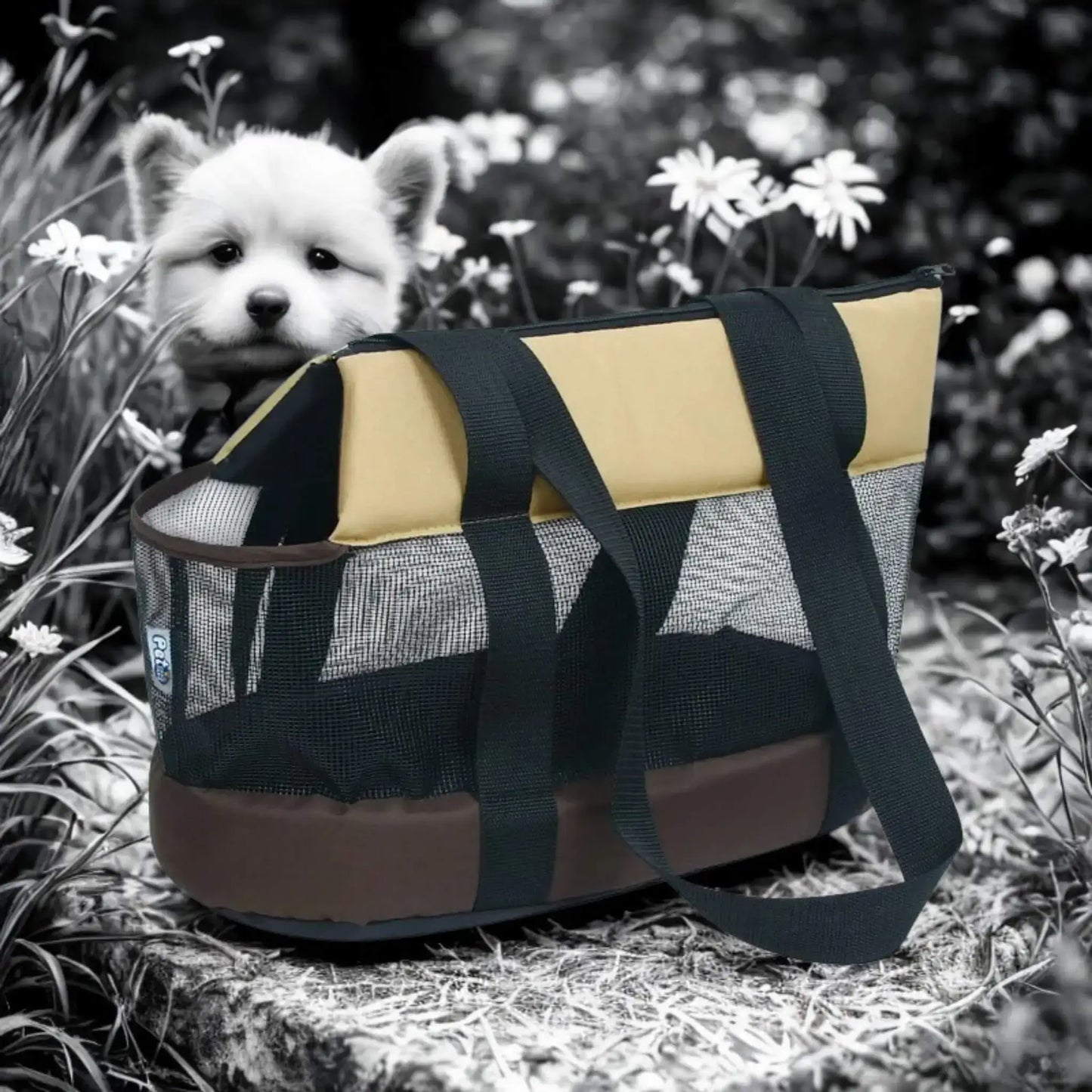 Un chien avec un sac de transport de couleur beige.