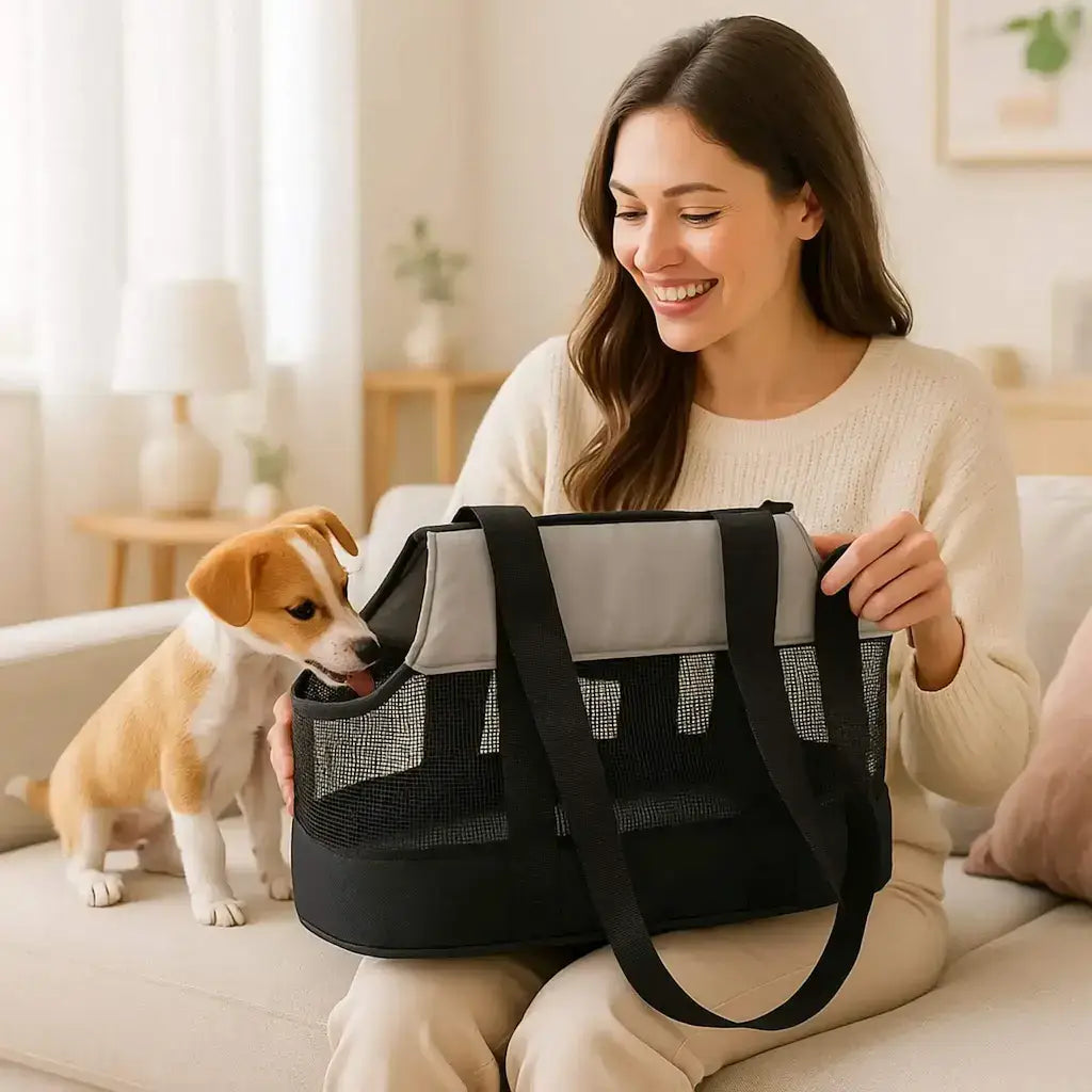 Une femme assise sur un sofa avec son chien et son sac de transport.