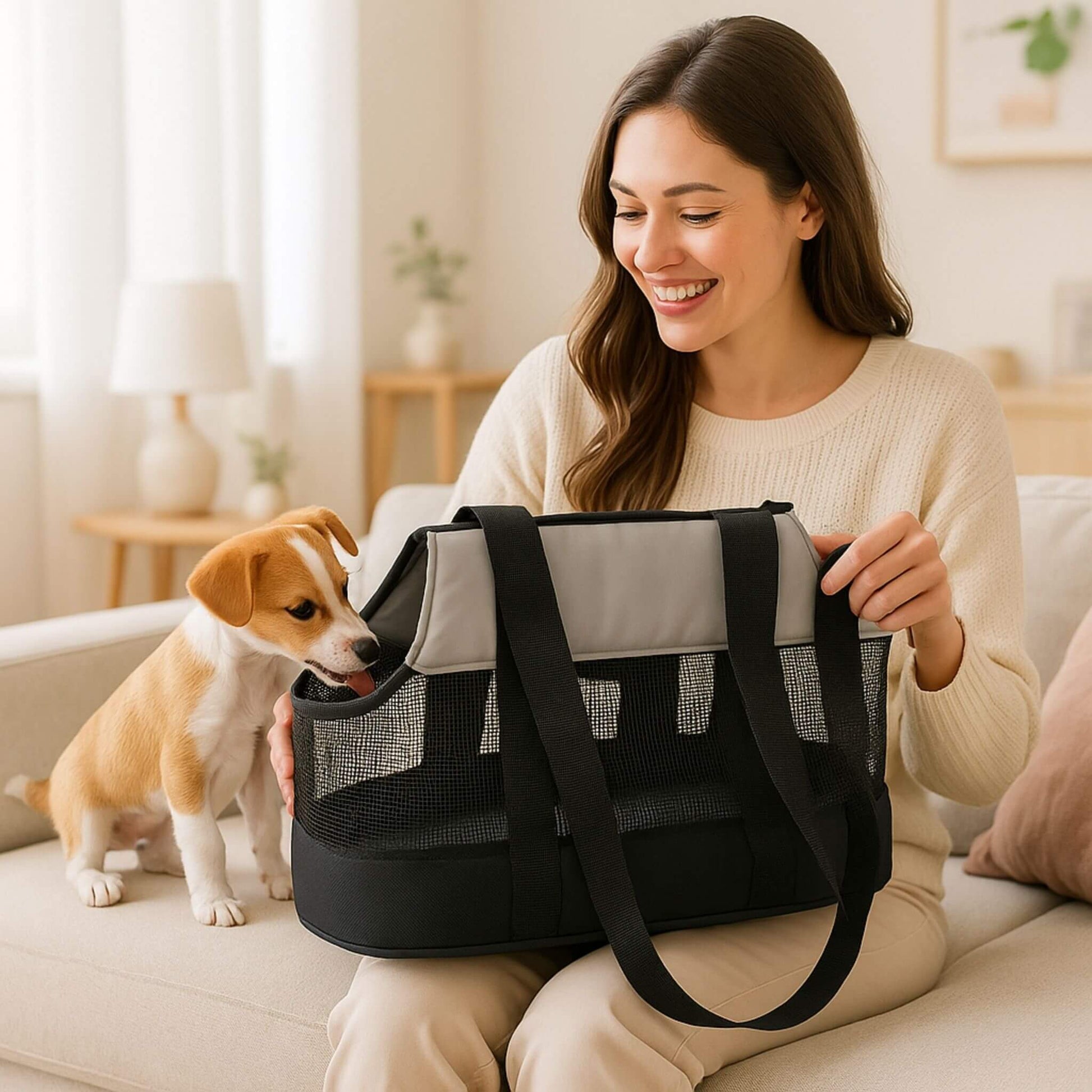 Femme souriante assise sur un sofa avec un sac pour chien et un chiot Jack Russell à côté