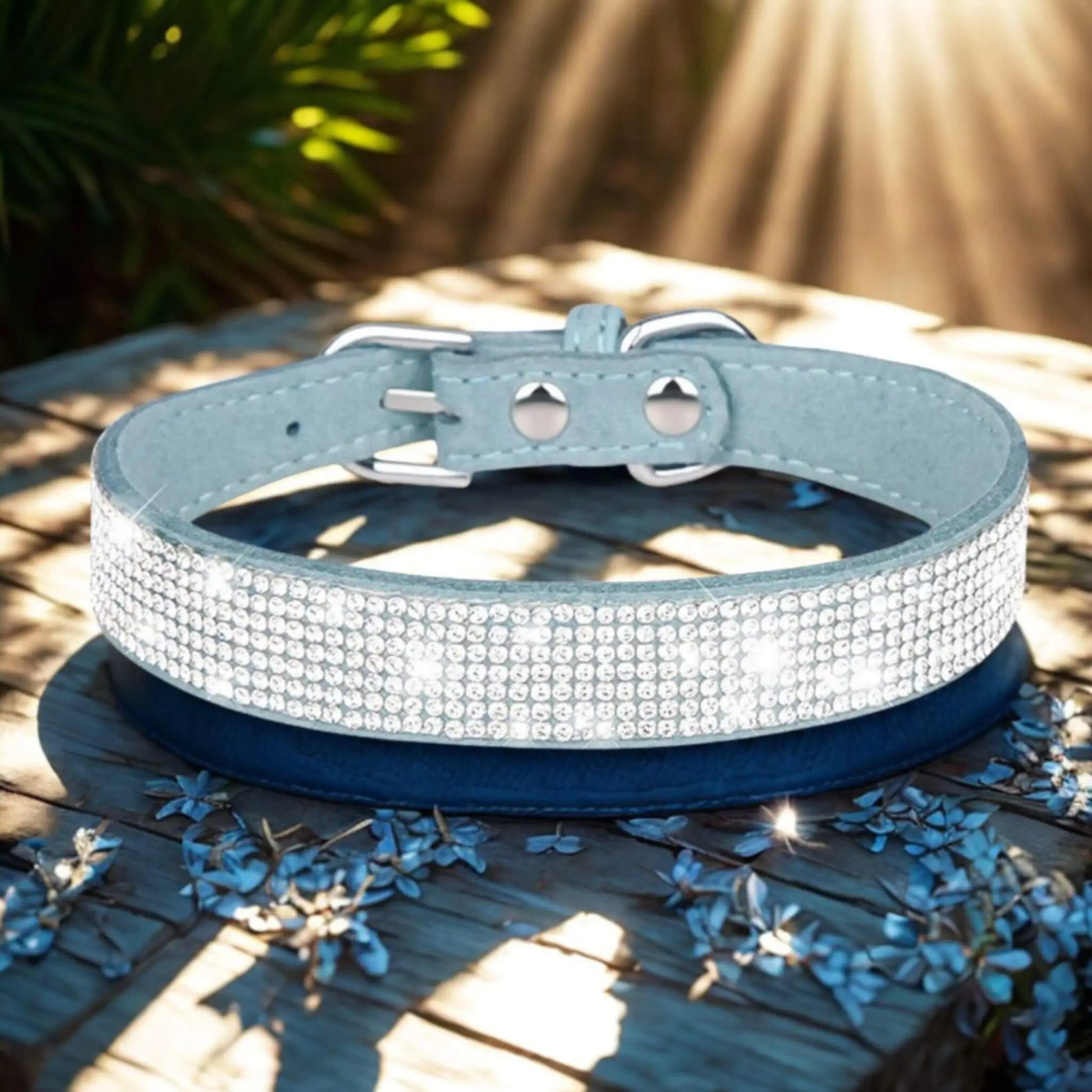 Un collier bleu pâle avec strass sur une planche avec des rayons de soleil qui se reflètent dessus