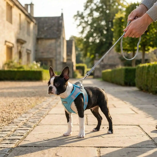 Un chiot avec un harnais bleu, Boston terrier sur un trottoir avec une laisse assortie.