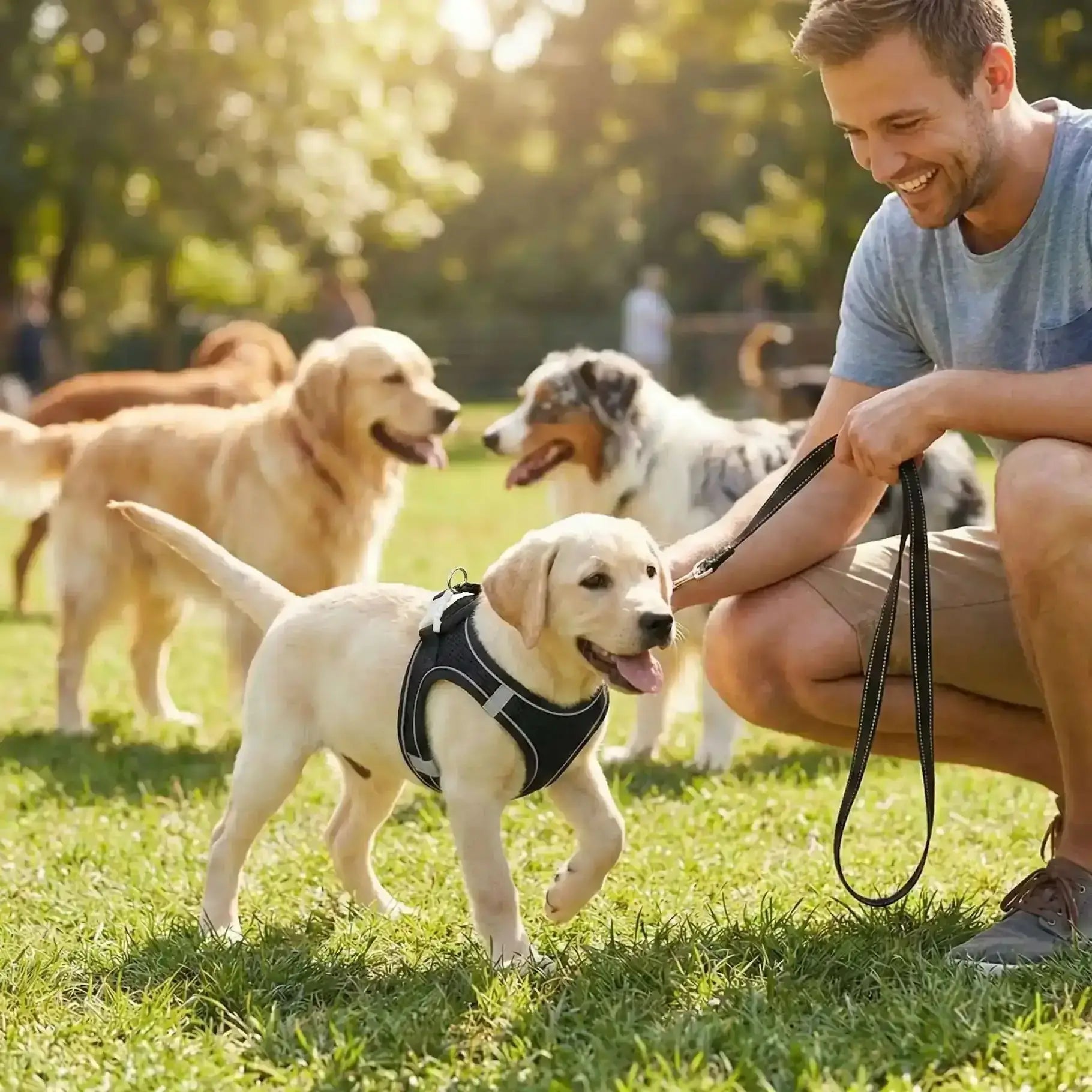 Un chiot avec un harnais noir, labrador, avec son maître au parc à chien.