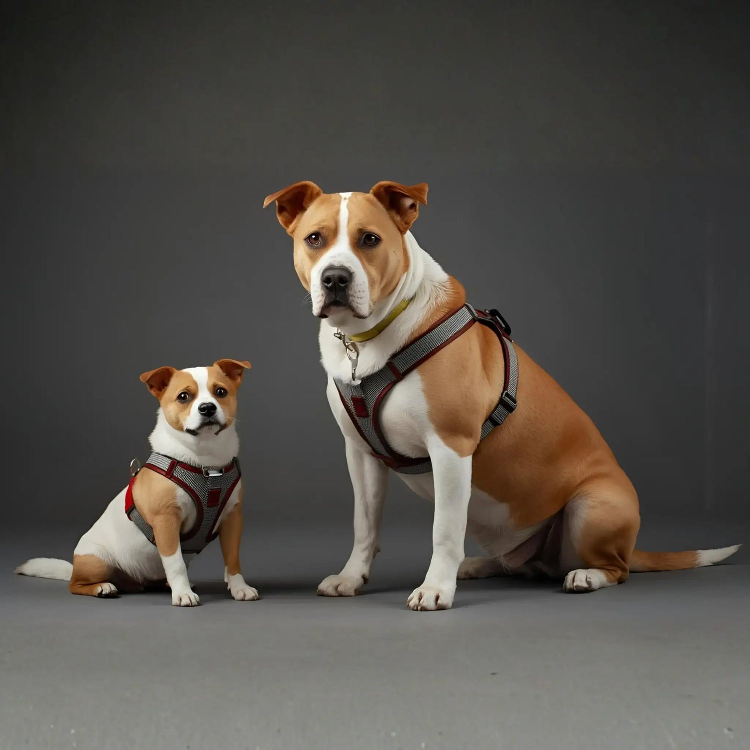 Un petit et un gros chien avec un harnais pour chien.