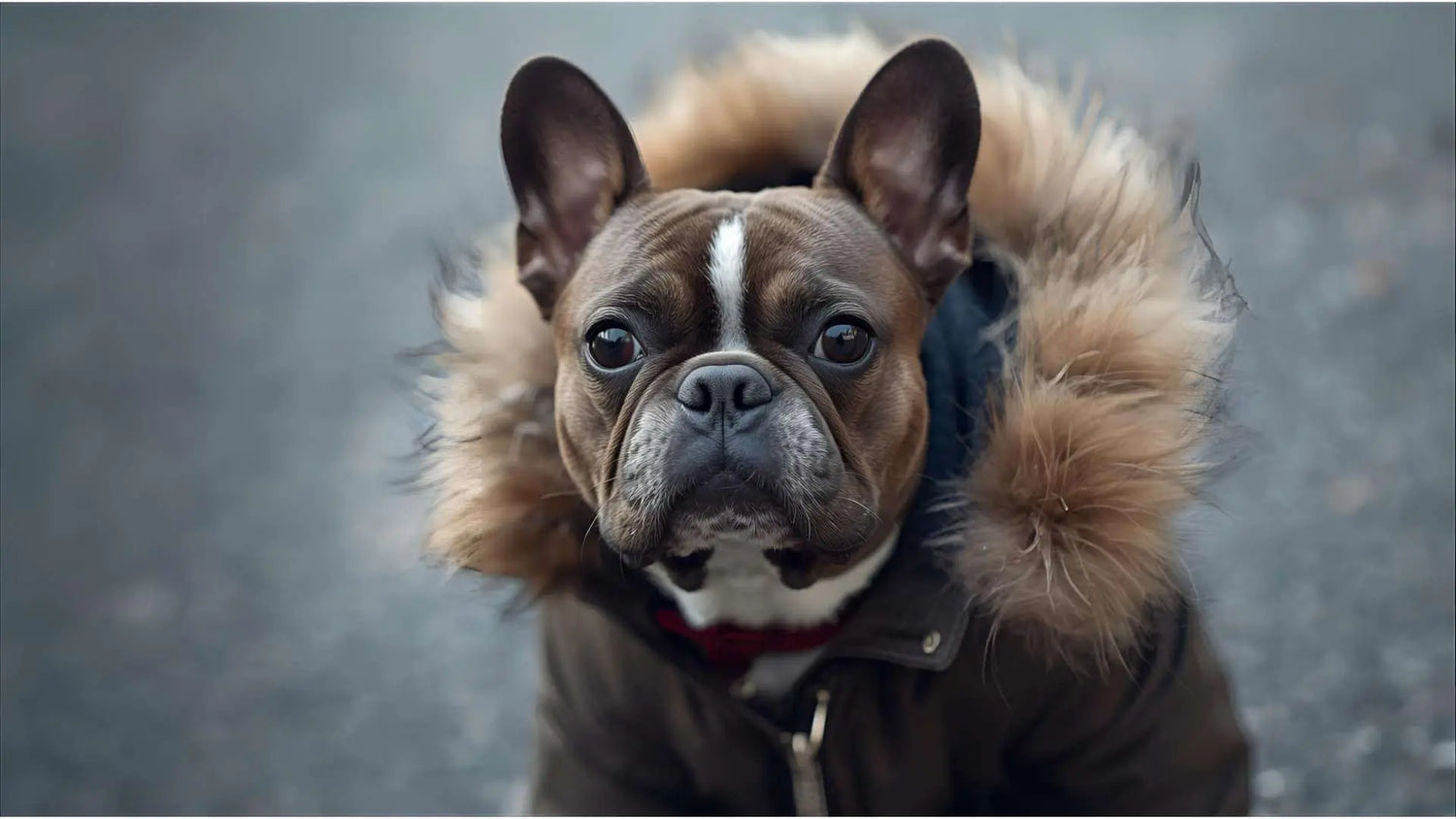 Un bouledogue français porte un manteau pour chien.