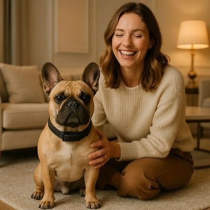 Collier anti-aboiement chien ZenPatte bouledogue français avec son maître dans un salon.