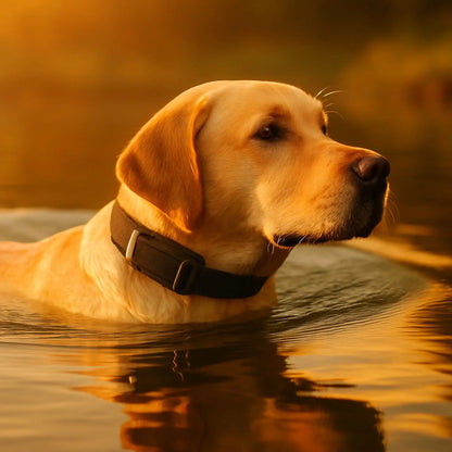 Un collier anti-aboiement chien ZenPatte sur un labrador blond dans l'eau un jour ensoleillé.