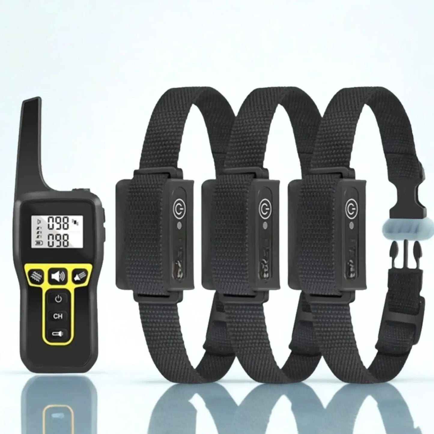 Collier anti-aboiement chien ZenPatte trois dispositifs et une télécommande jaune.