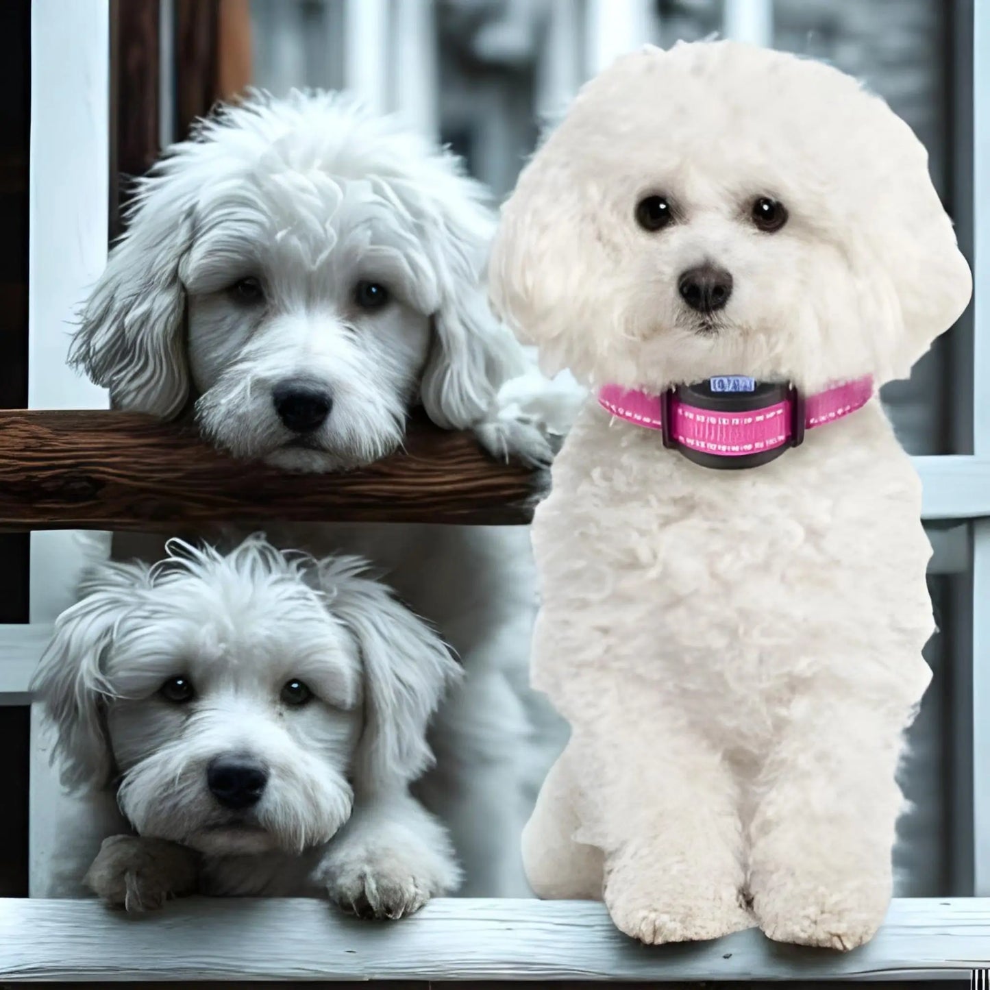 Bichon frisé blanc avec ses amies et son collier anti-aboiement ChienPaisible.
