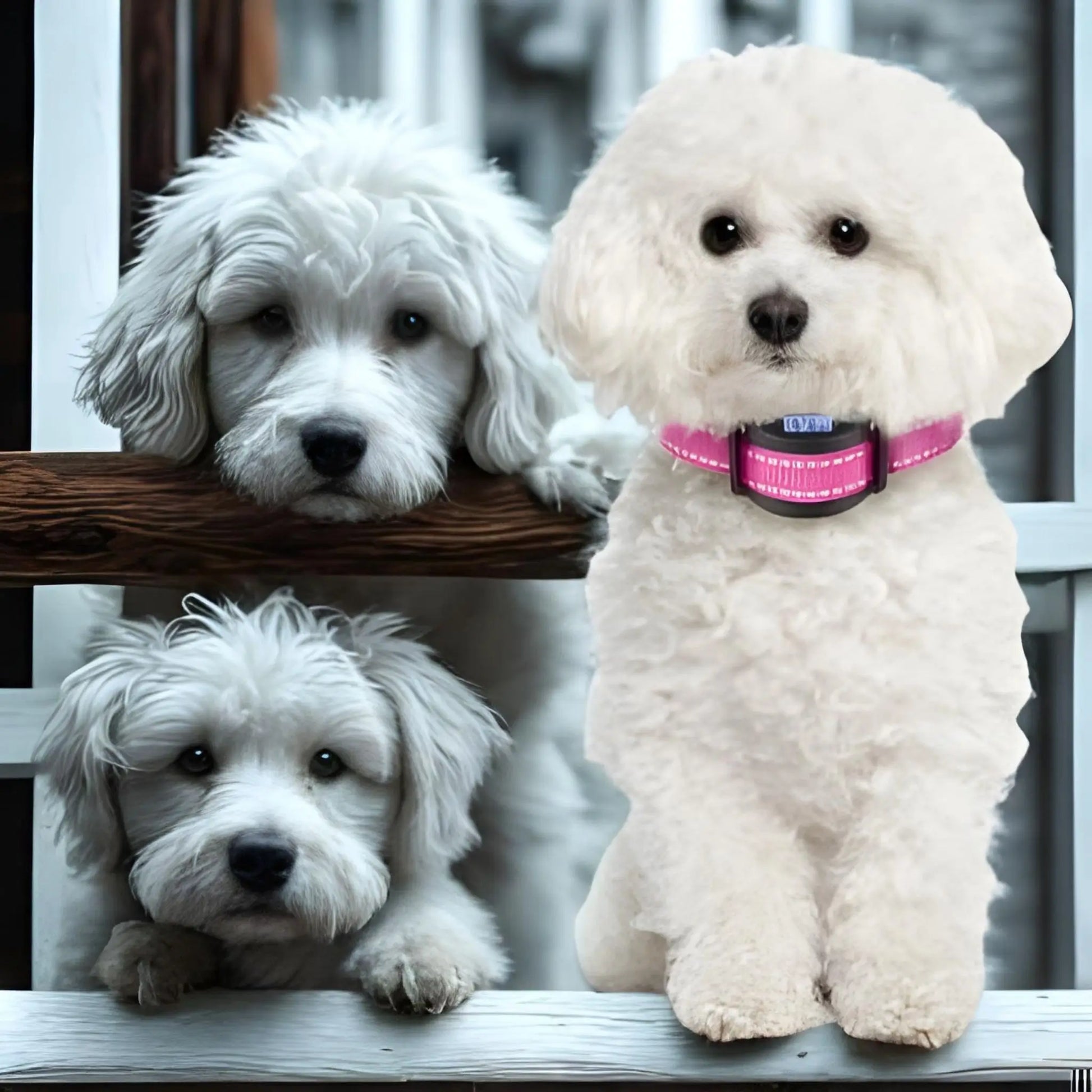 Bichon frisé blanc avec ses amies et son collier anti-aboiement ChienPaisible.