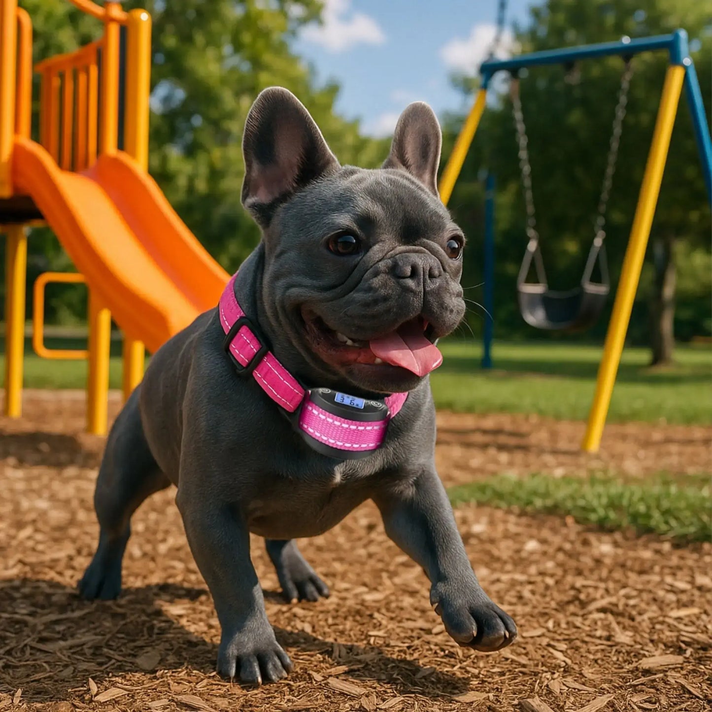 Bouledogue français bleu avec son collier anti-abioement ChienPaisible.