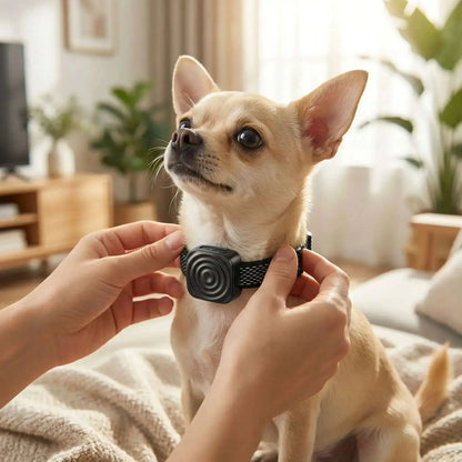 Une femme dans son salon met en place un collier anti-aboiement à son chihuahua.