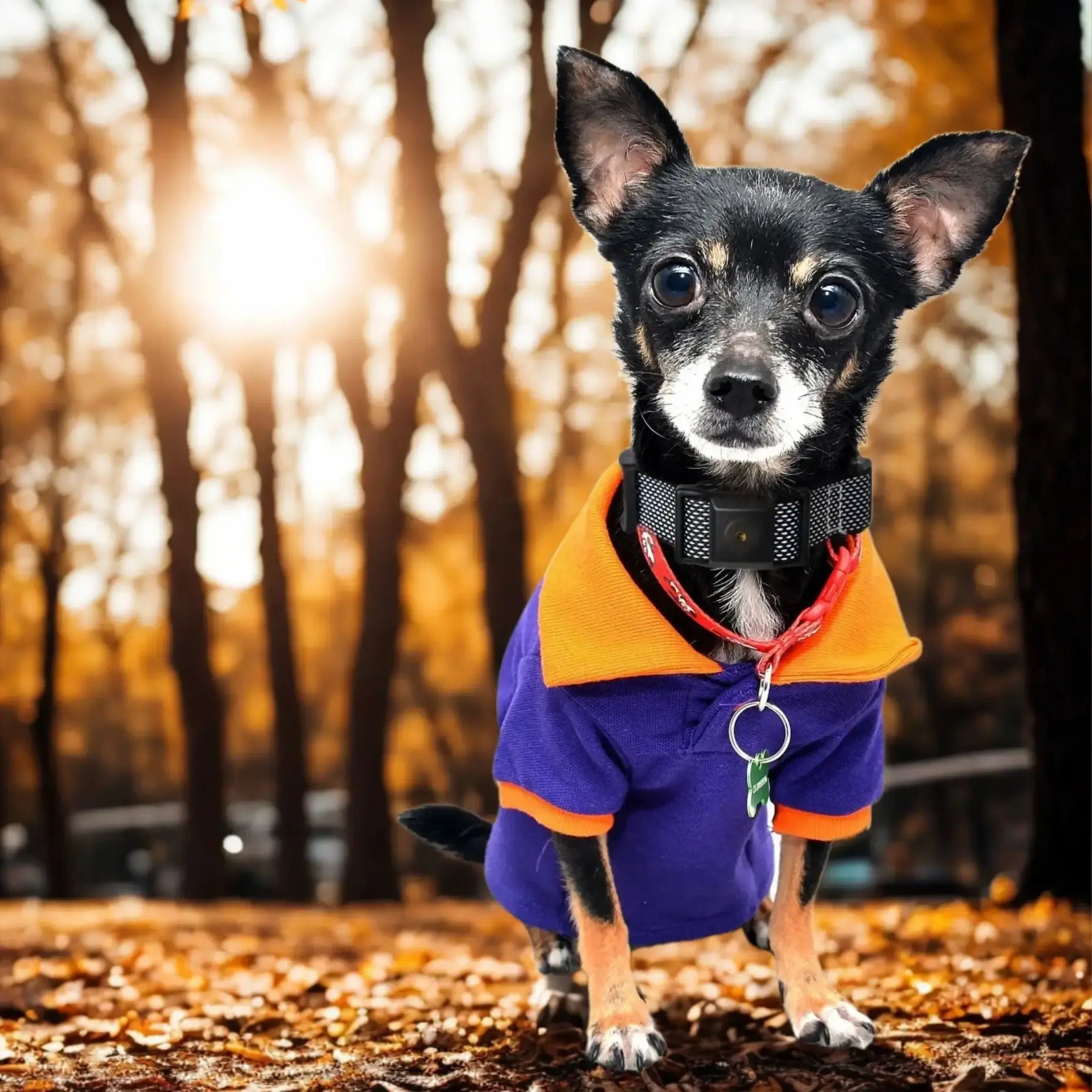 Un chihuahua avec un collier anti-aboiement ZenWoof en automne.