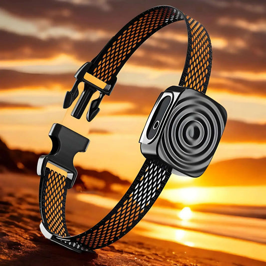 Un collier anti-aboiement pour chien avec un coucher de soleil.