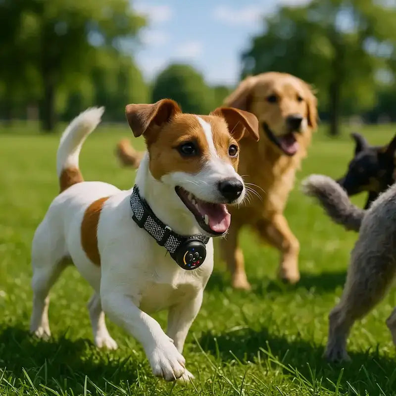 Un Jack Russell court avec des chiens et son collier anti-aboiement pour petit chien.