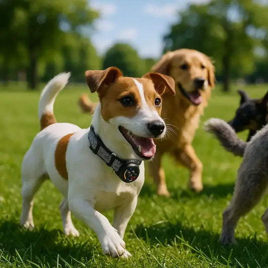 Un Jack Russell court avec des chiens et son collier anti-aboiement pour petit chien.