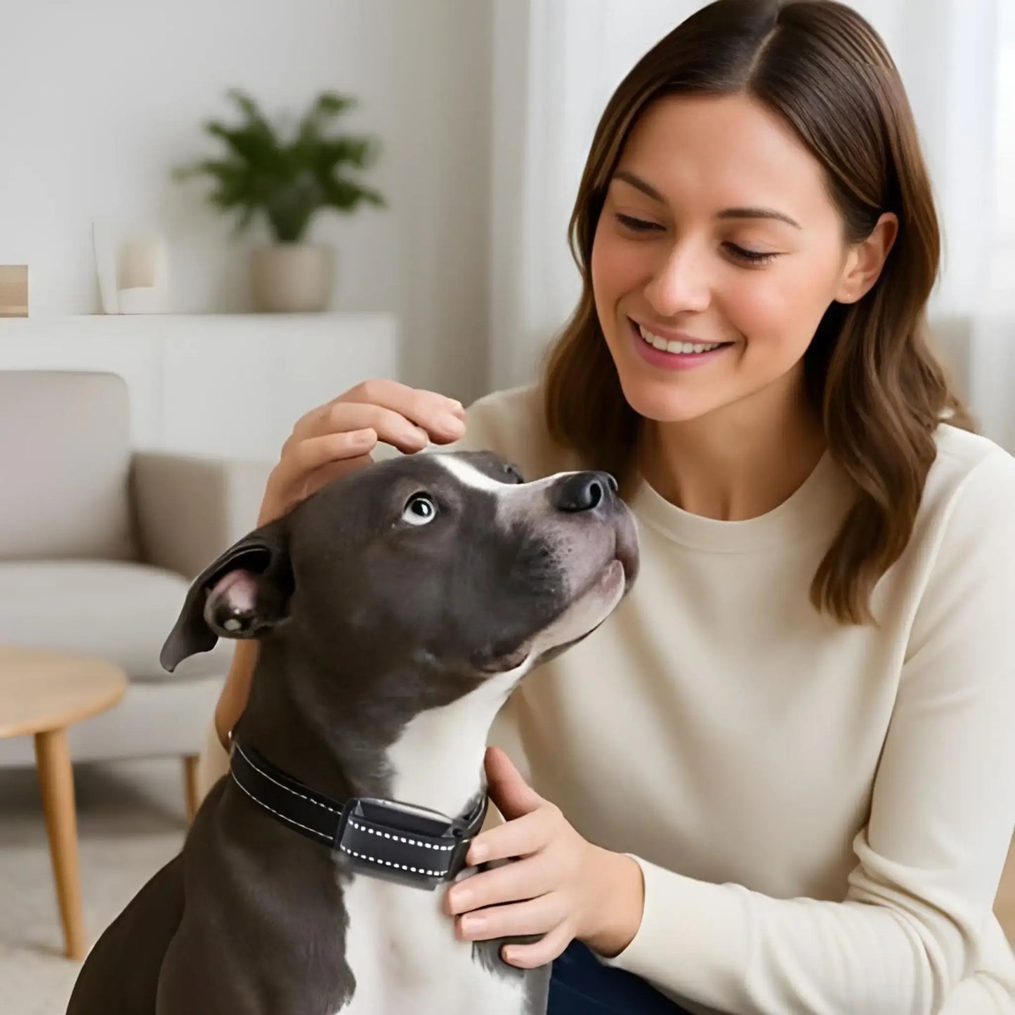 Une femme avec un pit bull et son collier anti-aboiement pour chien.