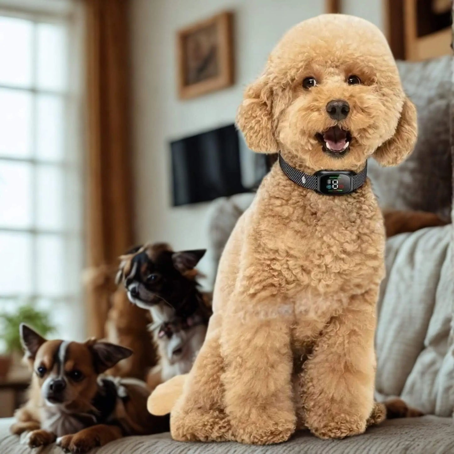 Un caniche brun avec son collier antiaboiement pour petit chien assis sur un divan avec des chihuahuas.