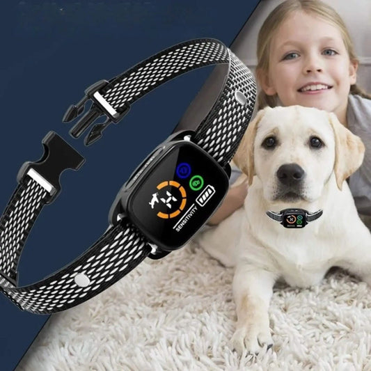 Une fillette avec un labrador blond et un collier anti aboiement pour petit chien.