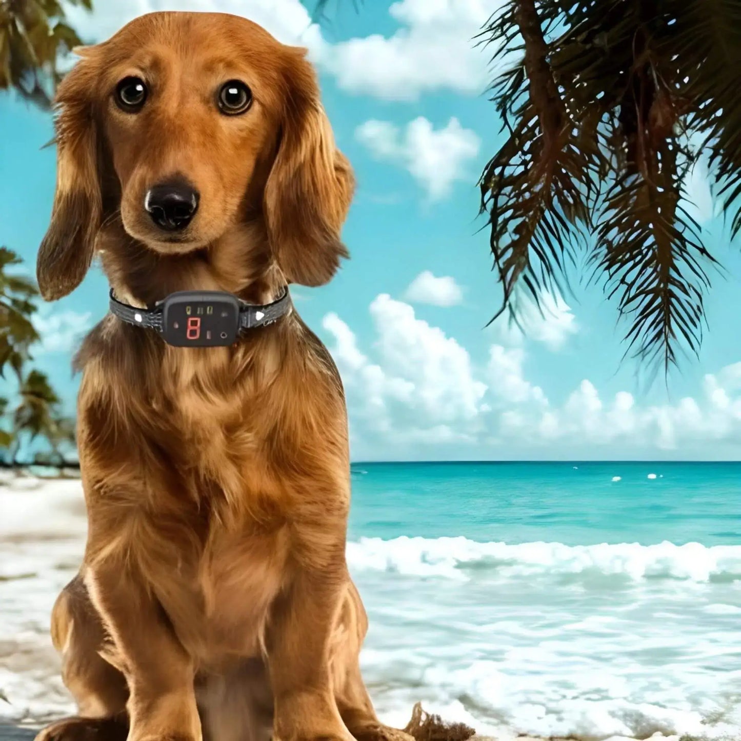 Un teckel portant un collier anti aboiement sur le bord d'une plage