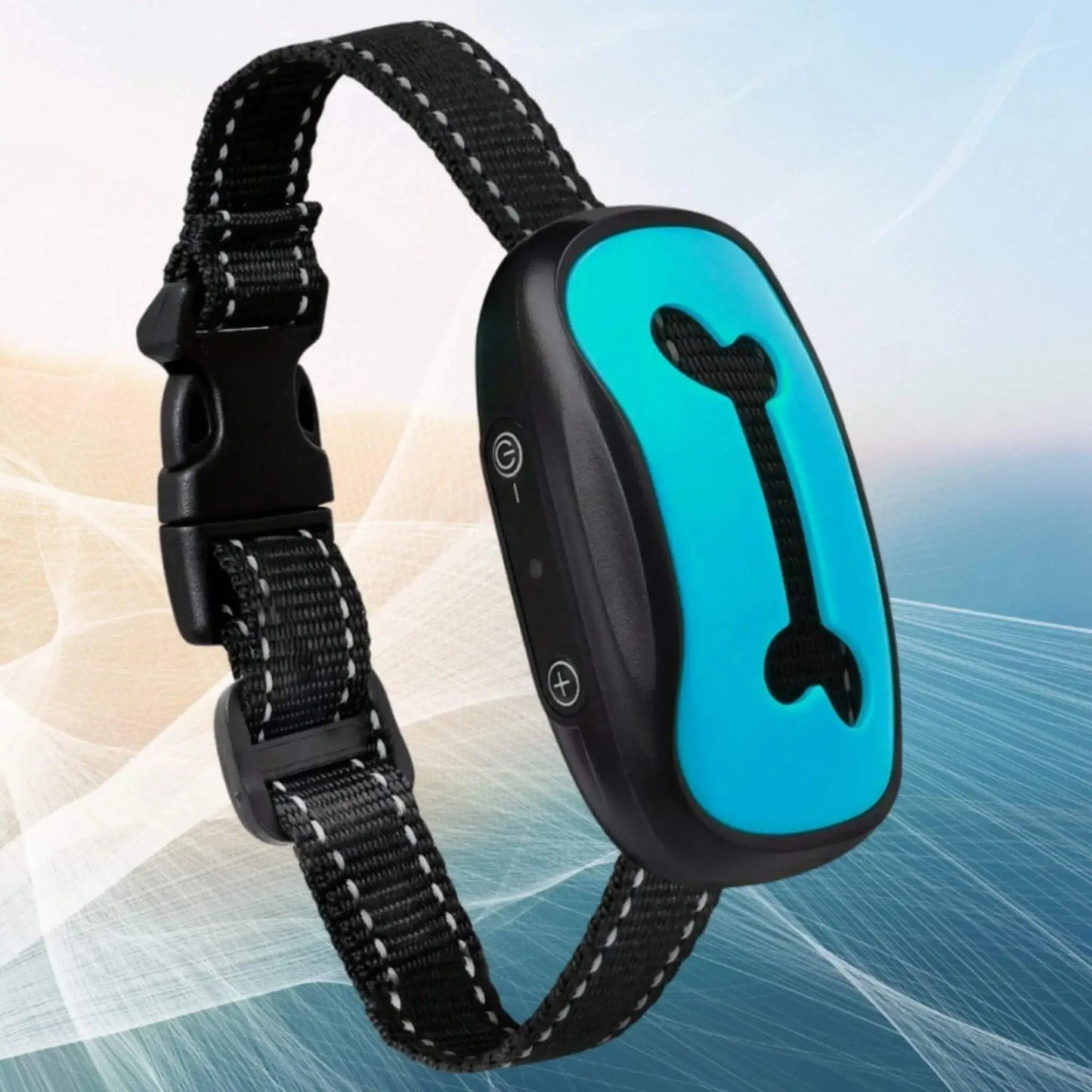 Un collier anti-aboiement pour chien de couleur bleue.
