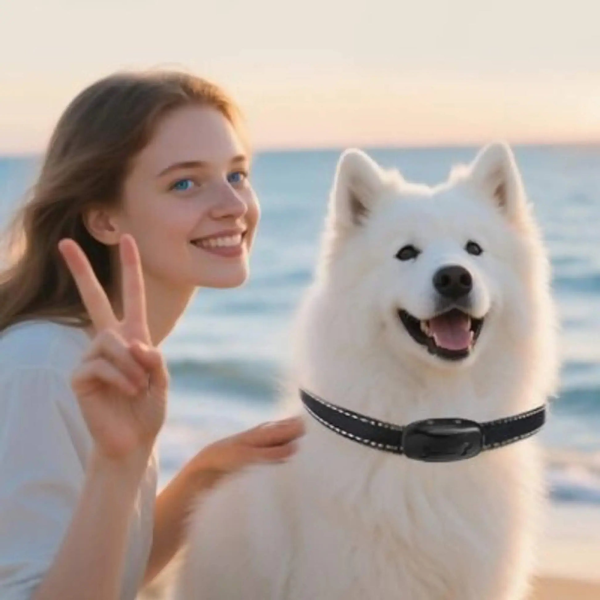 Une femme faisant un signe de paix avec la main avec un husky blanc sur le bord de l'eau.
